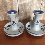 Old pair of hand candlesticks st clément céramique bleue france #a266