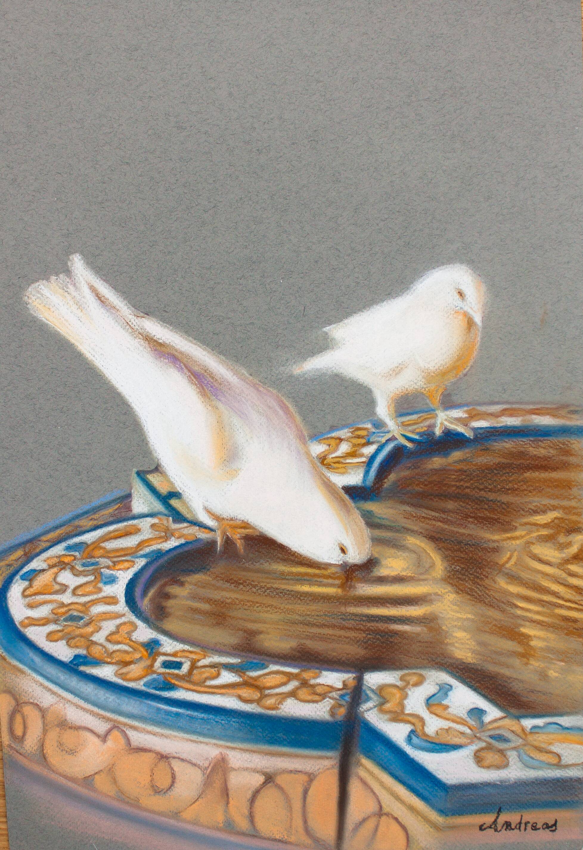 Drawing of pigeons drinking from a fountain. painting of doves. painting of pigeons.