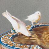Drawing of pigeons drinking from a fountain. painting of doves. painting of pigeons.