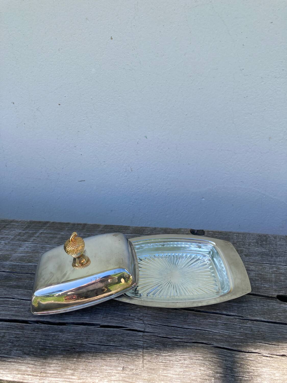 Acorn silver metal butter dish