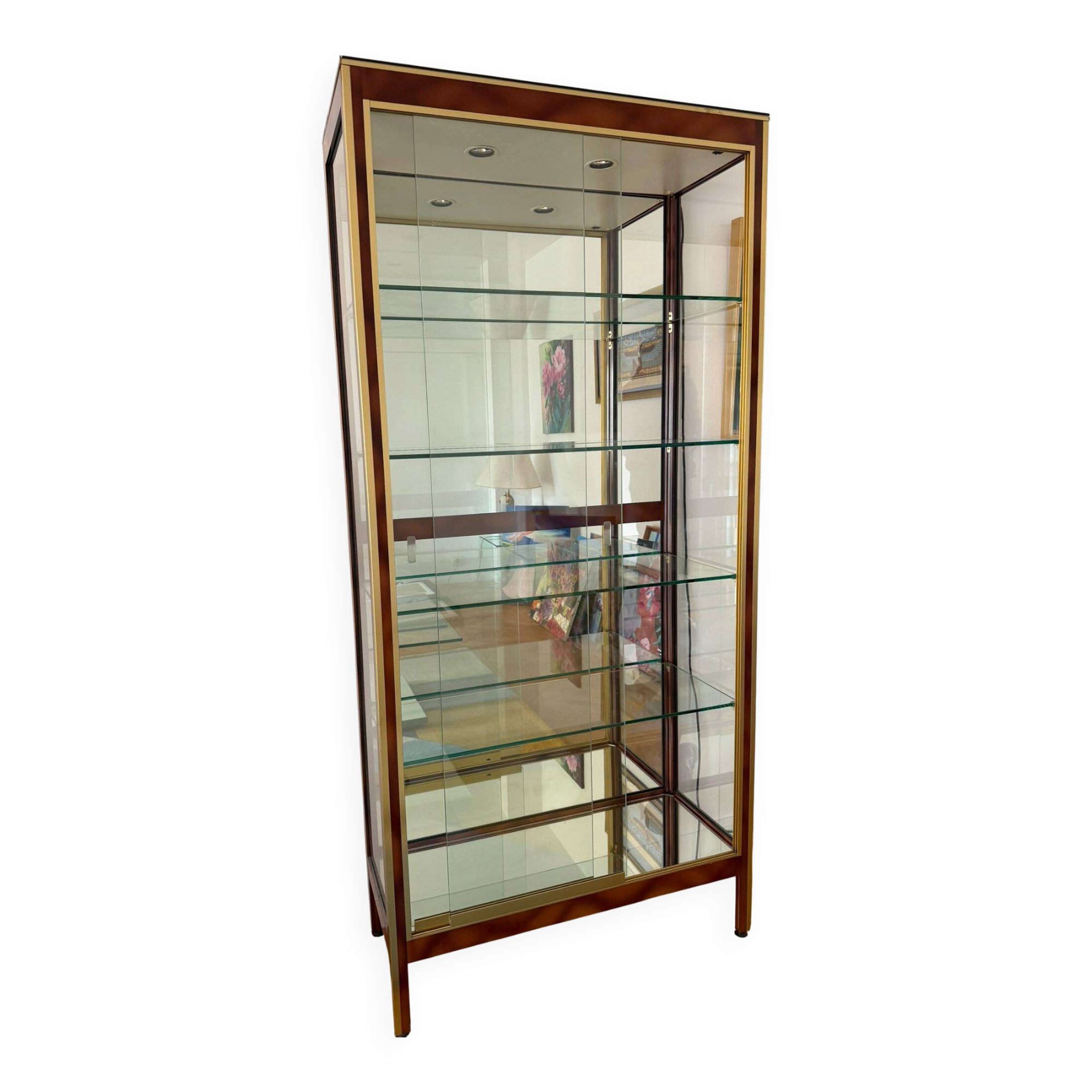 Vitrine de présentation en verre, laiton et bois de style Hollywood Regency