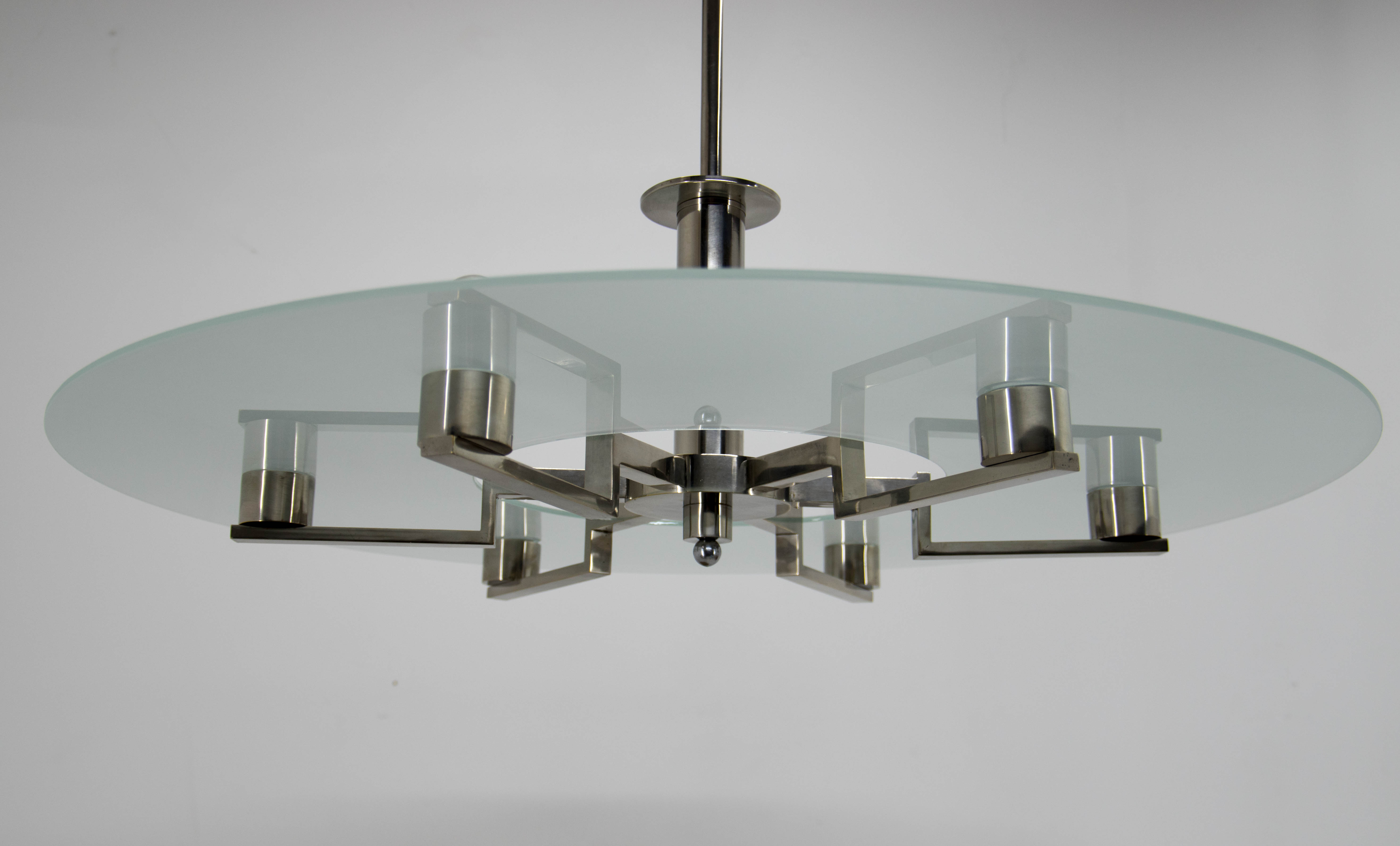 Functionalist 6-flamming Nickel-plated Chandelier, 1930s