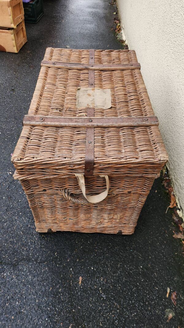 Ancienne malle de voyage Vintage en rotin osier des années 1900