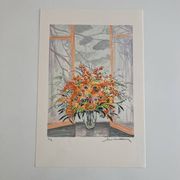 Lithograph signed by Michel Henry - Bouquet at the window