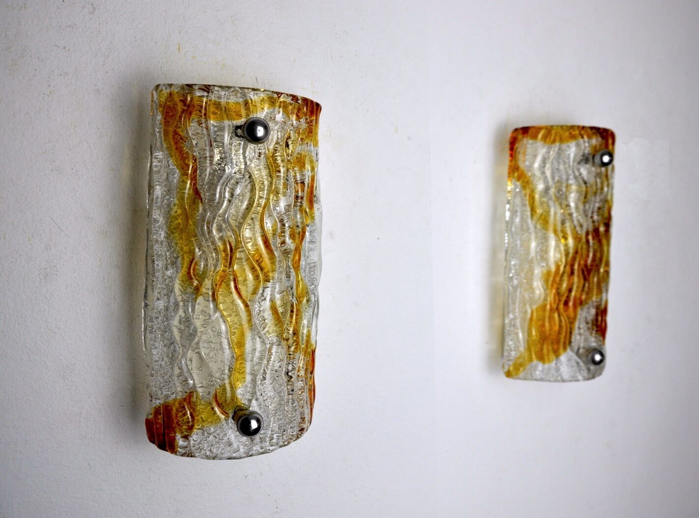 Pair of Murano Mazzega wall lamps, orange frosted glass, Italy, 1960