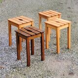 Set of 4 vintage stools in solid beech with slats