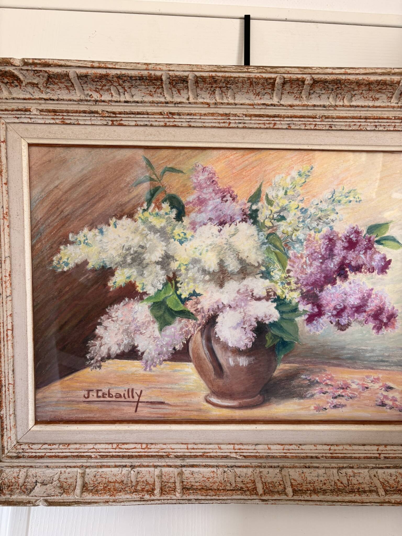 Tableau Drawing Pastel Still Life Lilac Bouquet Flowers Signed Lebailly Enc