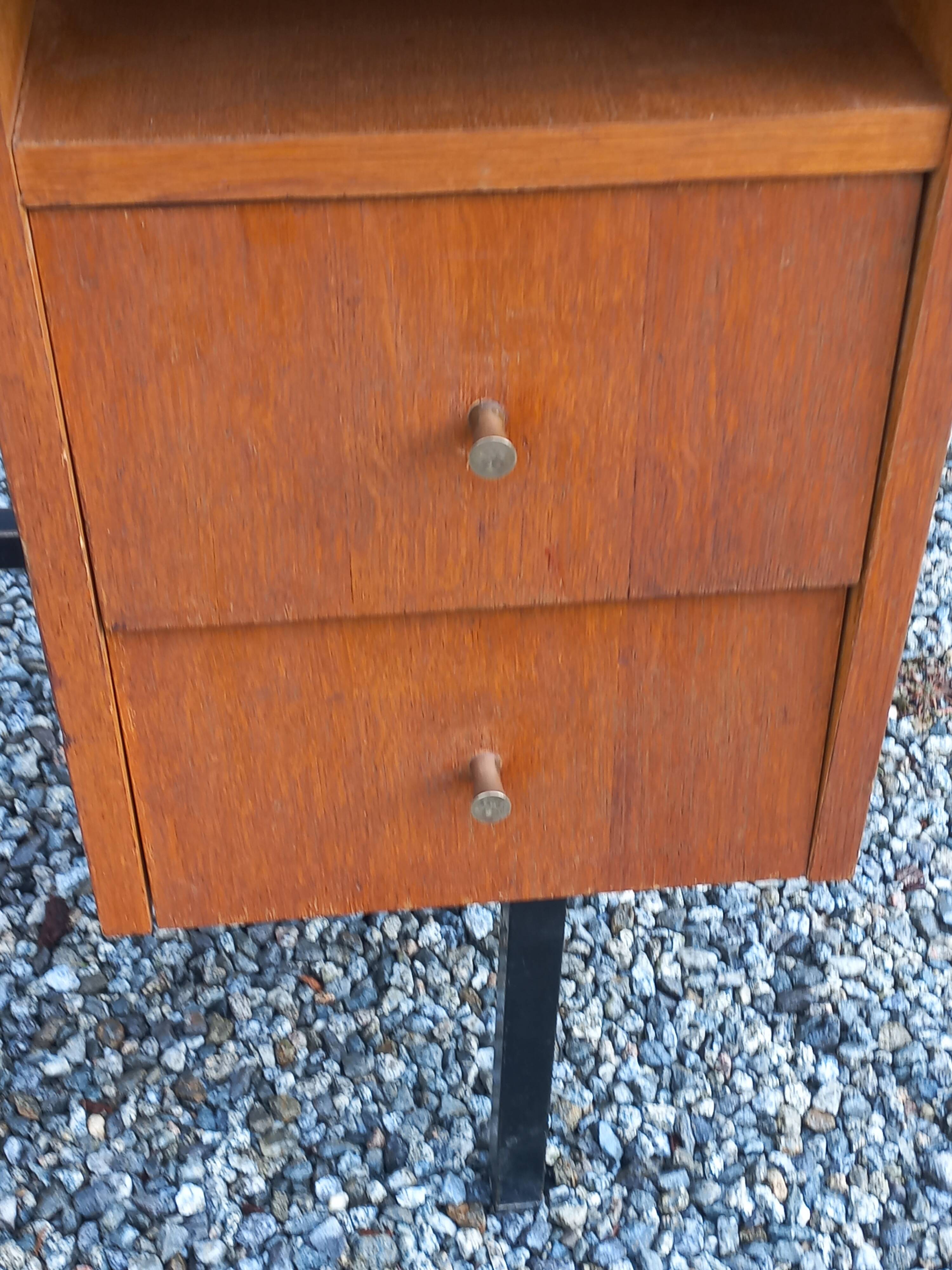 Vintage oak desk with a metallic base from the 1960s.