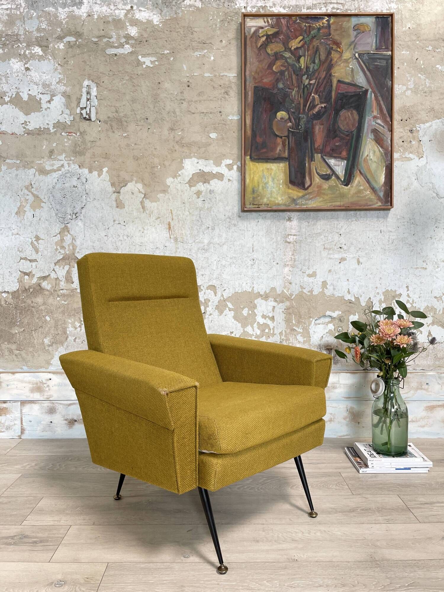 Vintage armchair in fabric and metal compass legs, circa 1950.