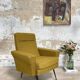Vintage armchair in fabric and metal compass legs, circa 1950.