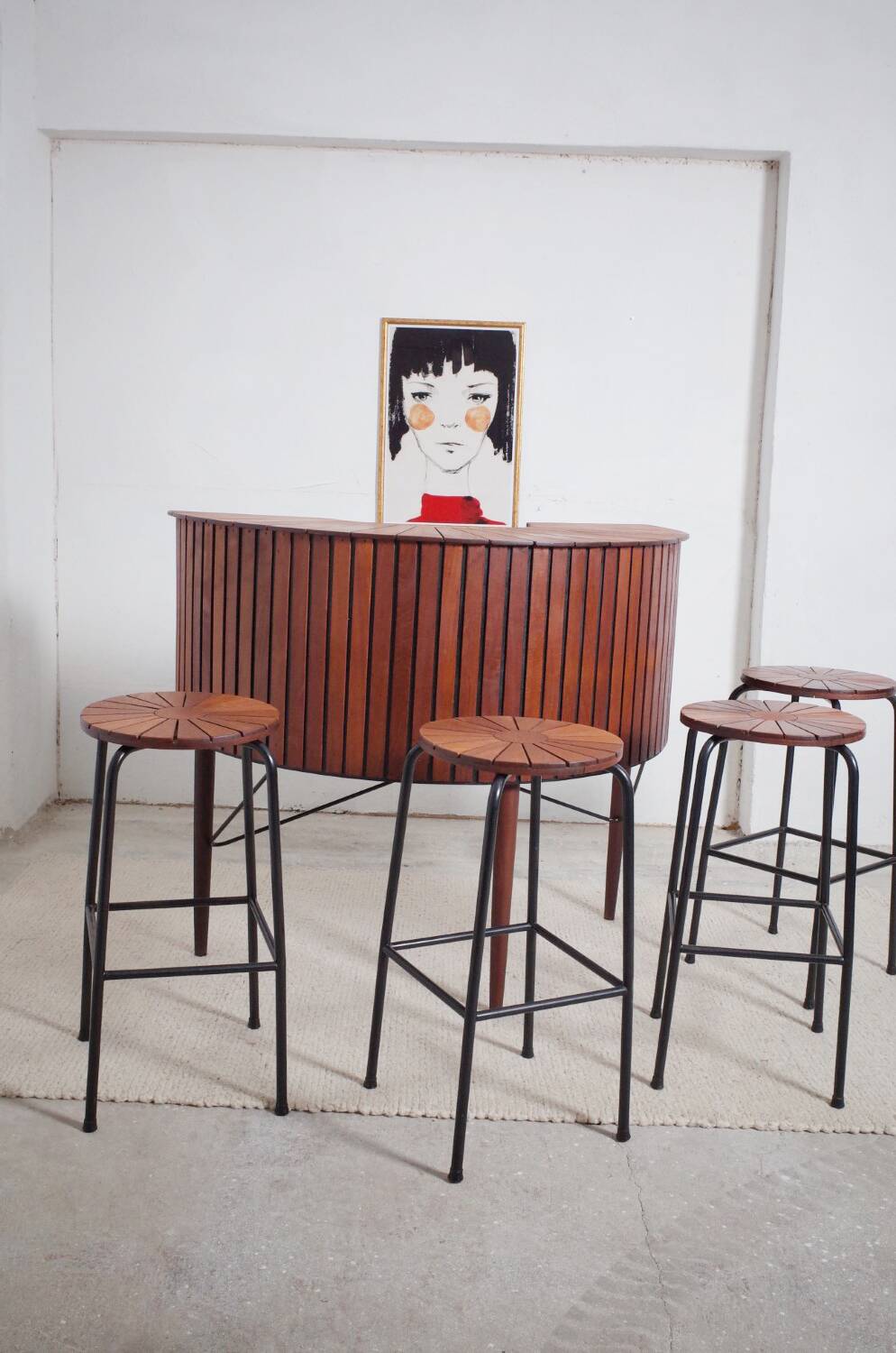Sika Møbler vintage Bar mit 4 Barhocker aus Teak