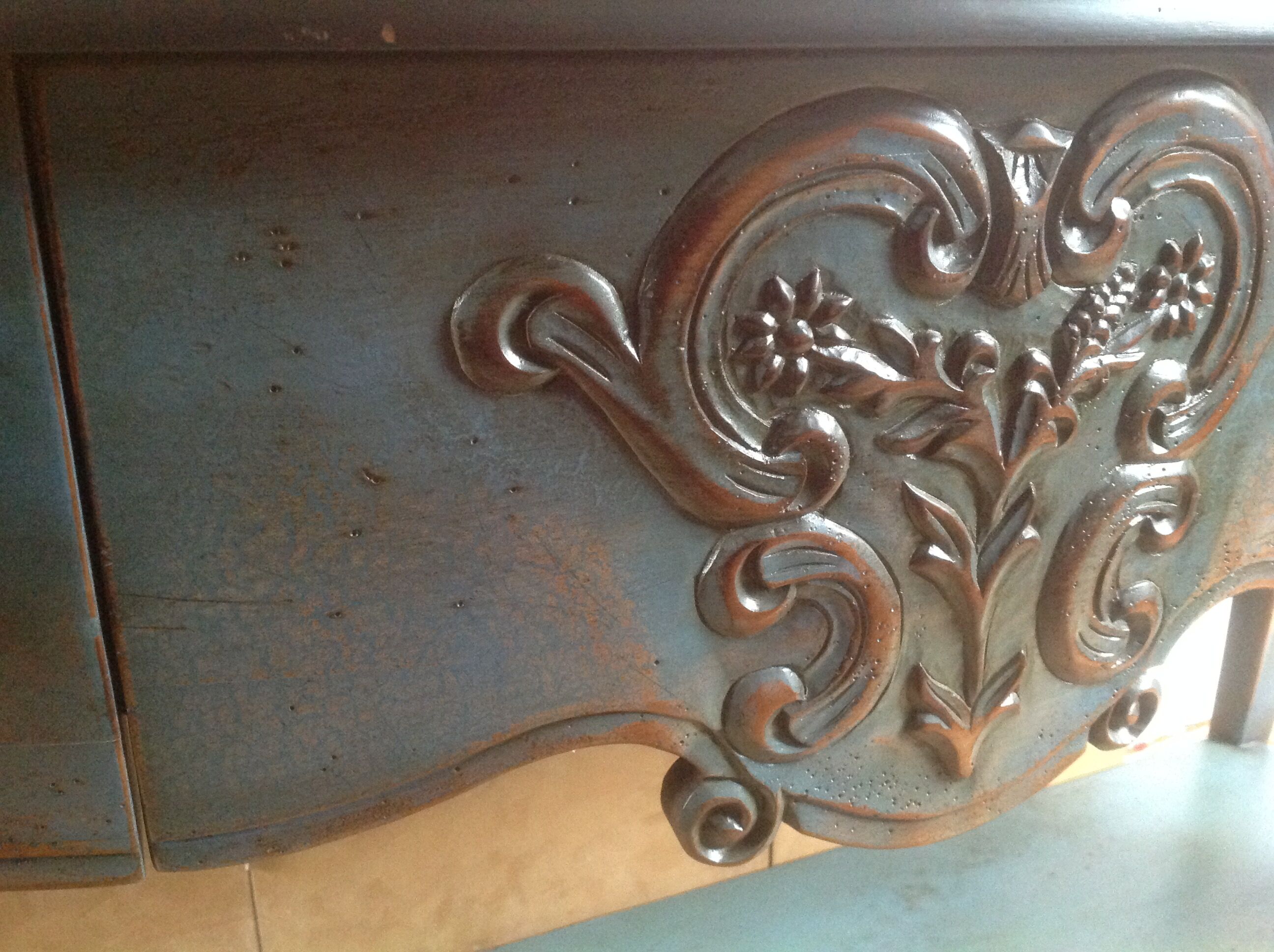 Water green patinated cherry console, black top, drawer