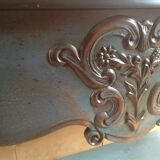 Water green patinated cherry console, black top, drawer