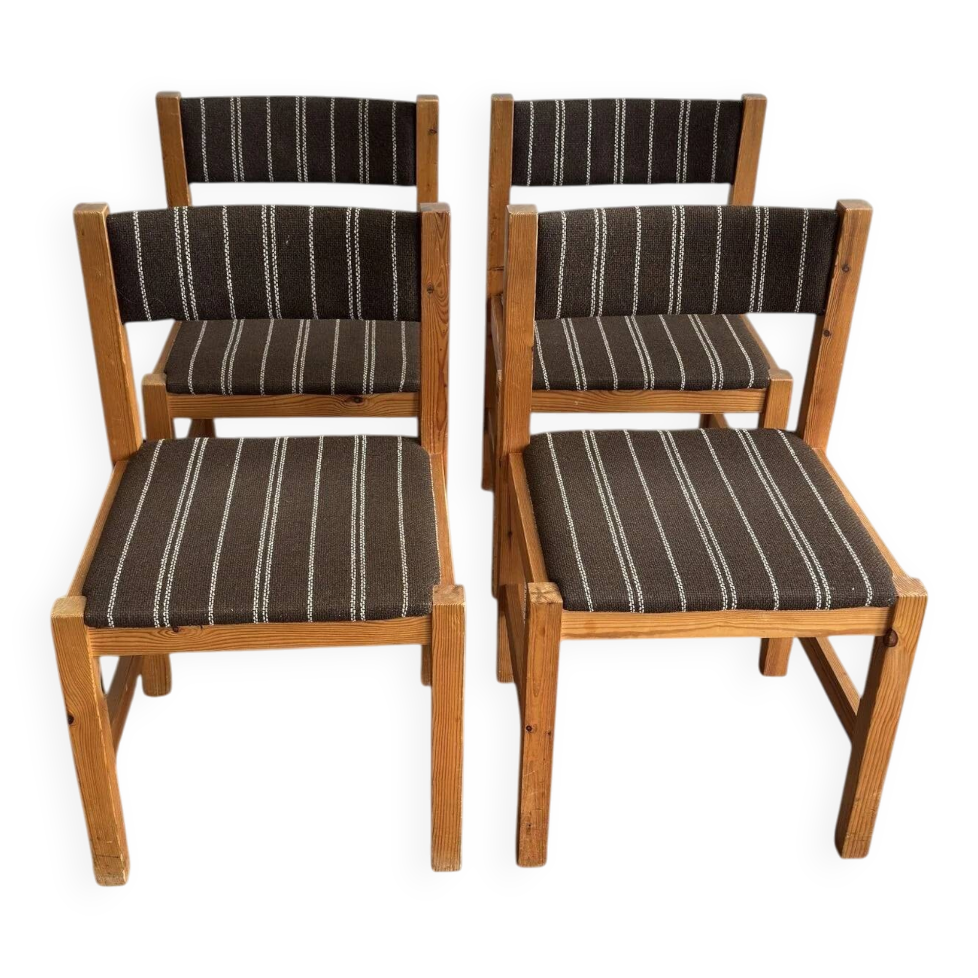 Set of 4 Danish dining chairs with brown striped upholstery.