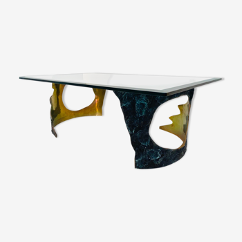 Solid bronze coffee table & glass by Willy Ceysens, 1970s