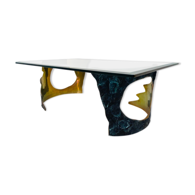 Table basse en bronze massif & verre par Willy Ceysens, 1970s