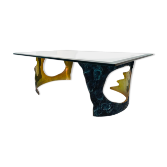 Table basse en bronze massif & verre par Willy Ceysens, 1970s