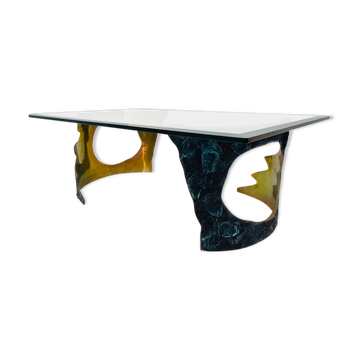 Solid bronze coffee table & glass by Willy Ceysens, 1970s
