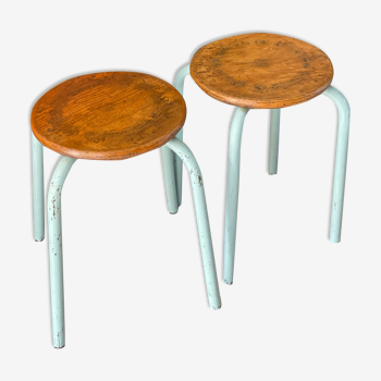 Pair of metal and wood workshop stools