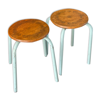 Pair of metal and wood workshop stools