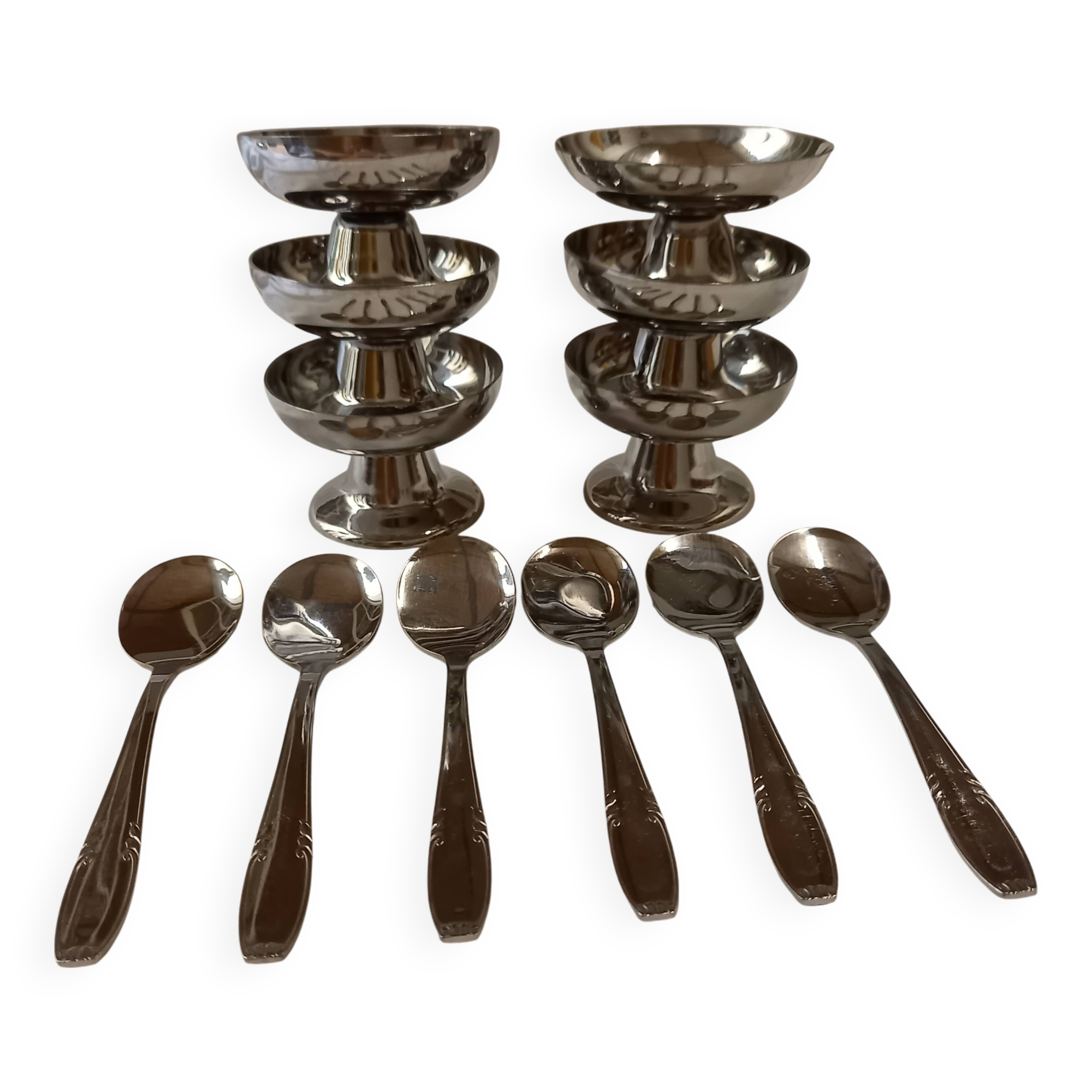 Set of 6 small Guy Degrenne stainless steel ice cream cups with 6 spoons