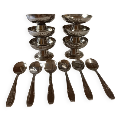 Lot de 6  petites coupes à glace Guy Degrenne en inox avec ses 6 cuillers