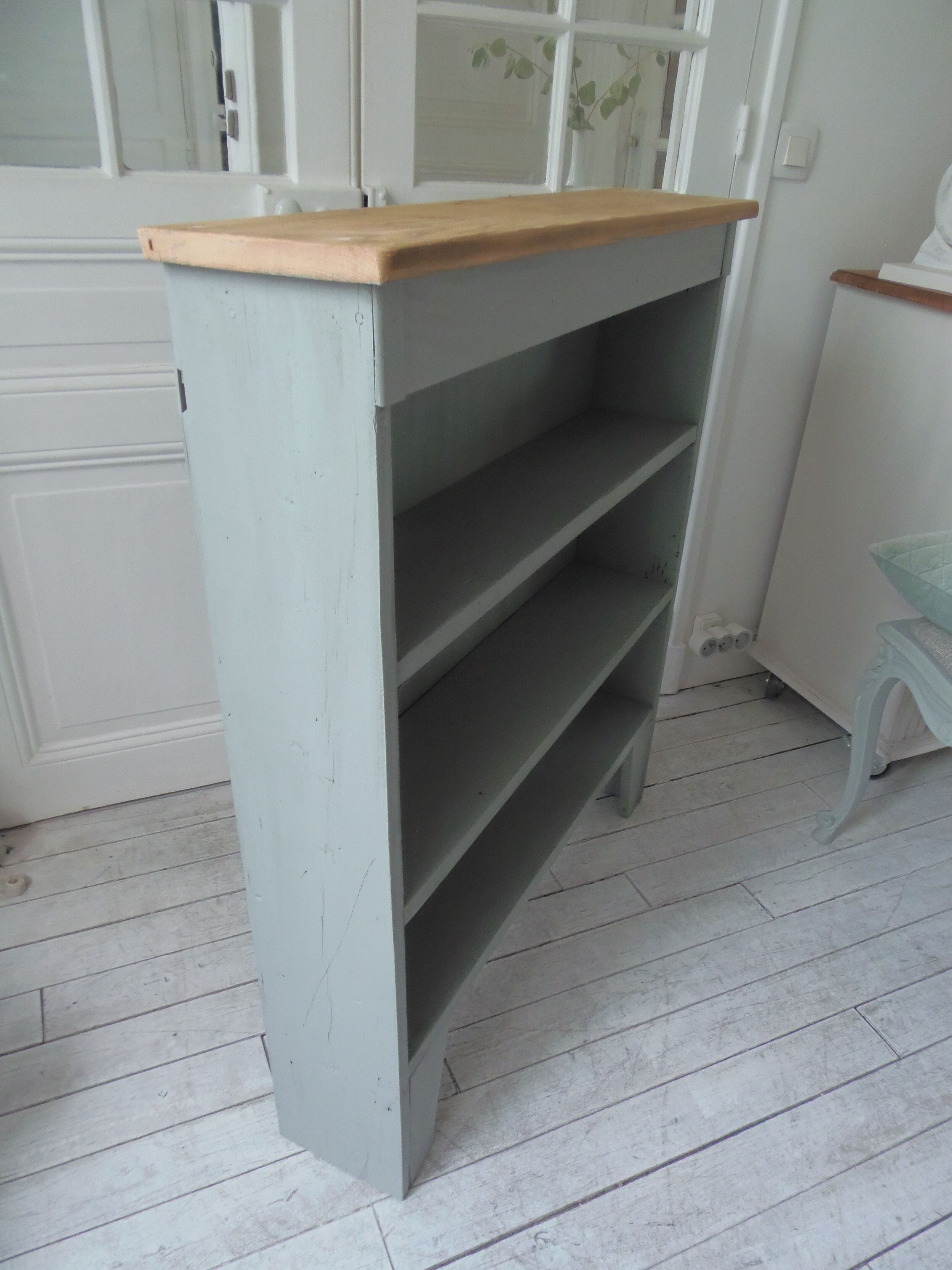 Vintage pearl grey green bookcase, 2 shelves, pitchpin top