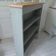 Vintage pearl grey green bookcase, 2 shelves, pitchpin top