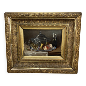 Gilded wooden frame, (19th century) oil on mahogany - still life - signed