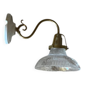 Swan neck brass wall light with ribbed glass tulip type Holophane.