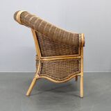 Vintage organic rattan armchair and round coffee table set, 1980s-1990s