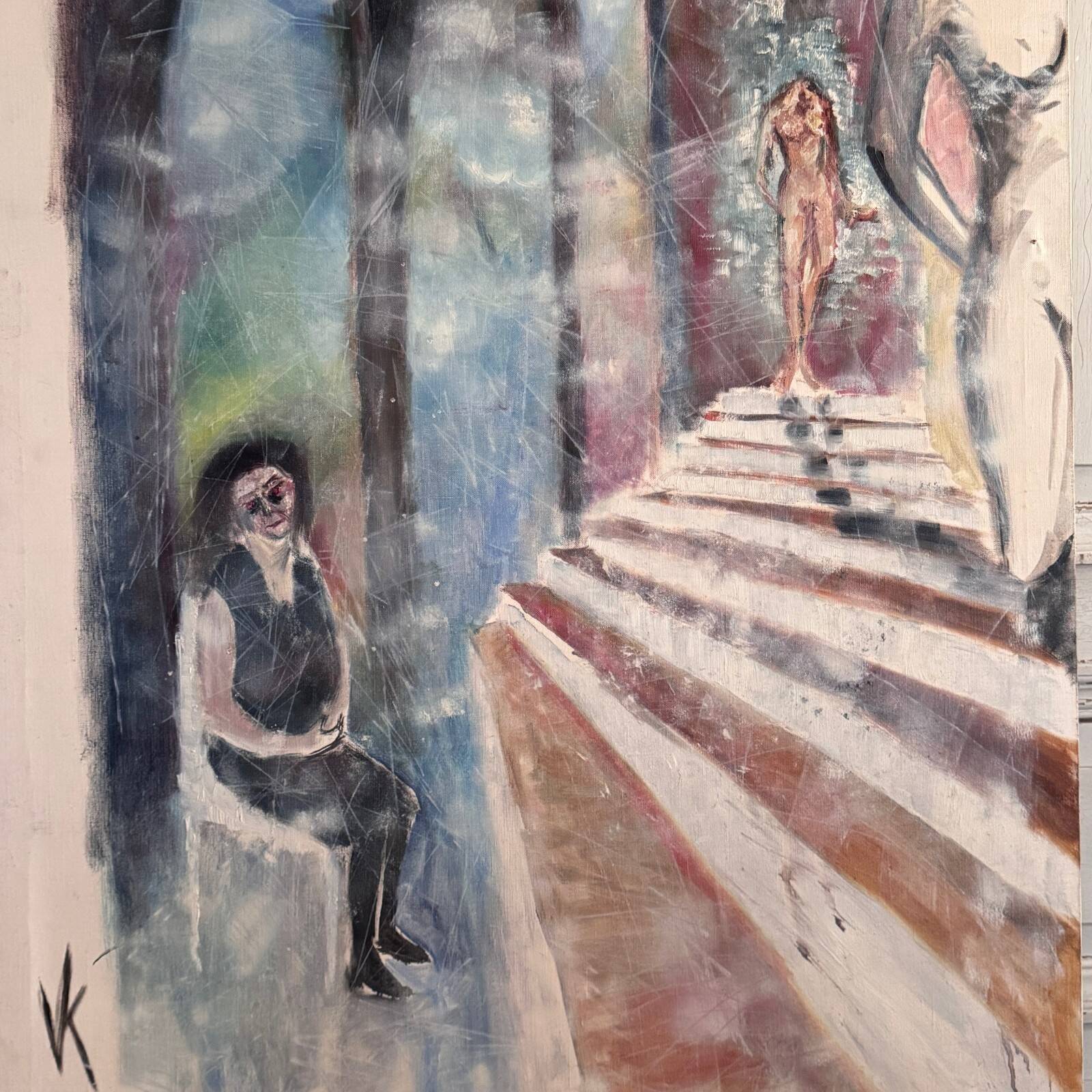 Oil on canvas by Véronique Maude Fini, woman descending a staircase.