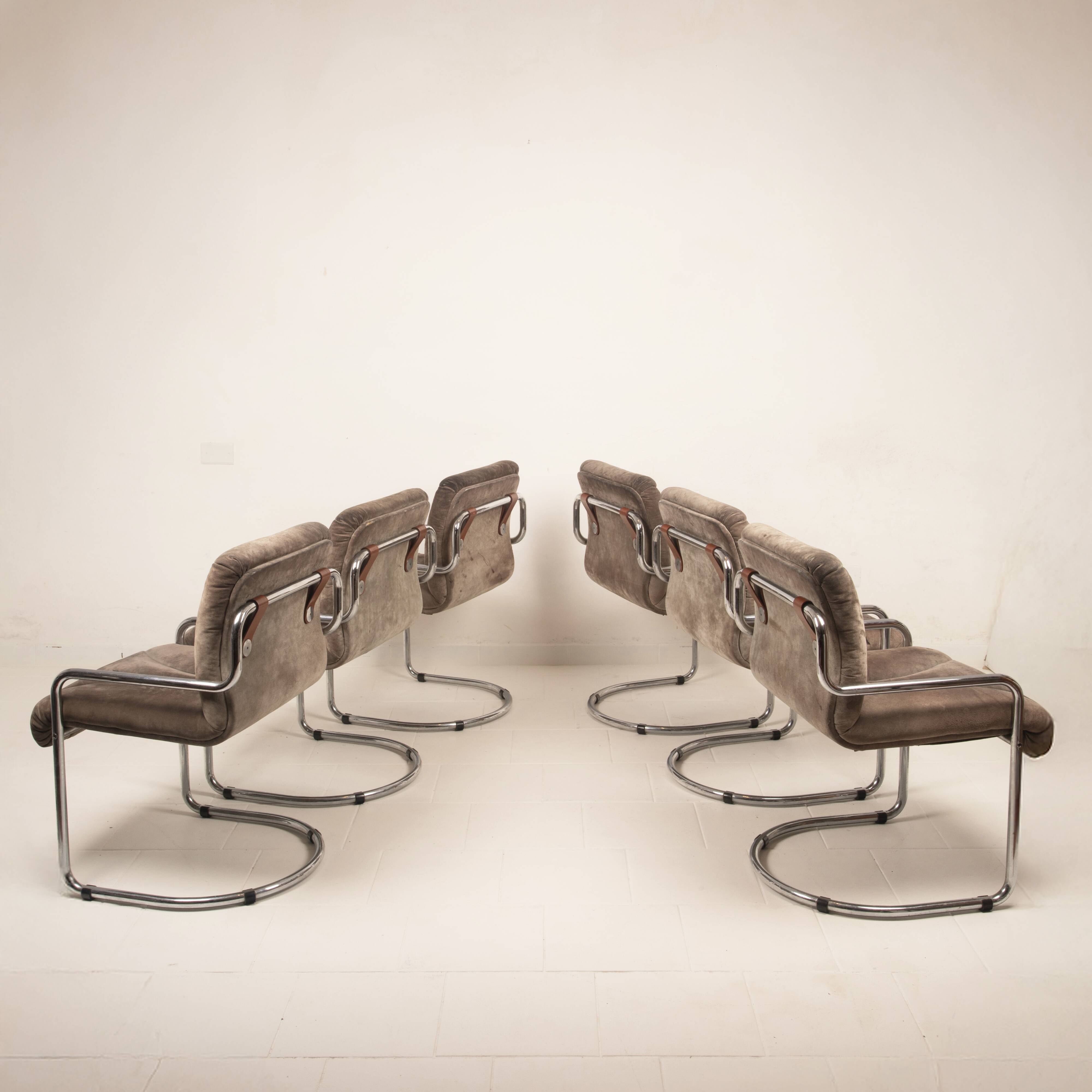 Guido Faleschini Italian Astro Chrome and Taupe Suede Armchairs for i4 Mariani
