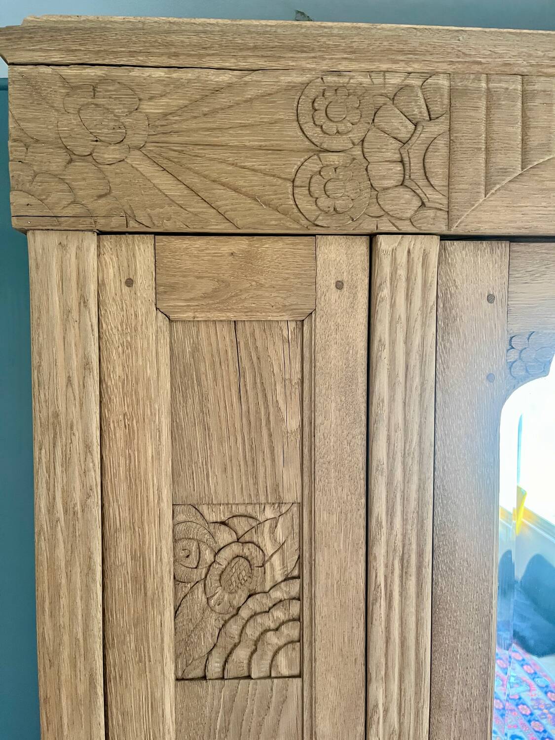 Solid raw oak wardrobe with Art Deco mirror