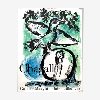 Affiche d’exposition originale en lithographie Marc Chagall oiseau vert 1962