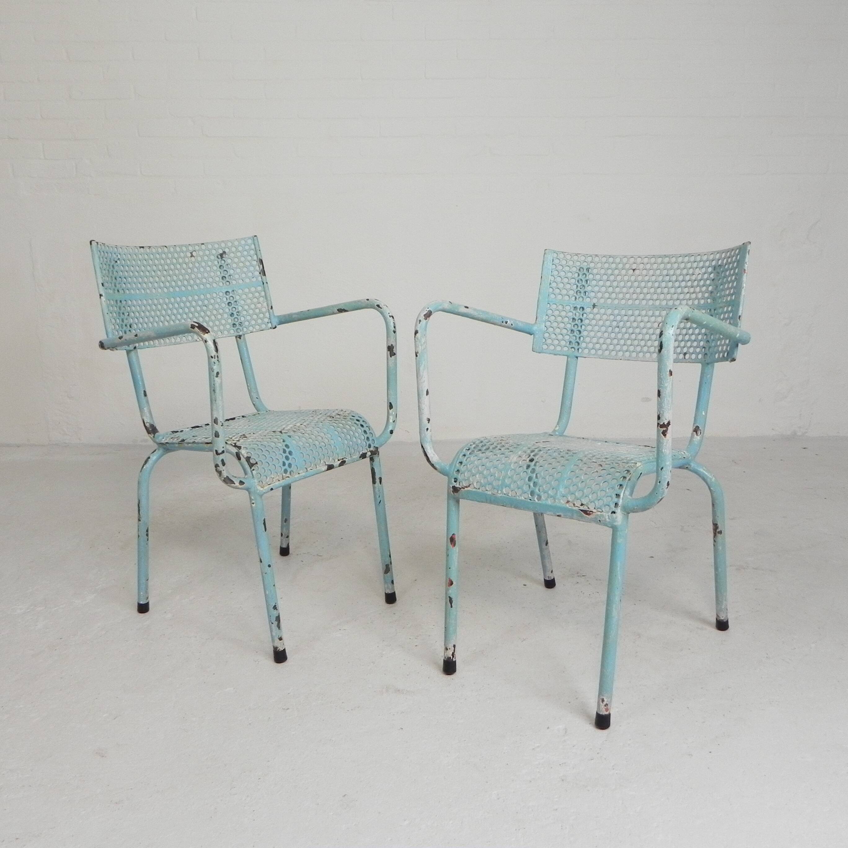 Lot de 2 chaises de jardin industrielles en acier avec accoudoirs, années 1950