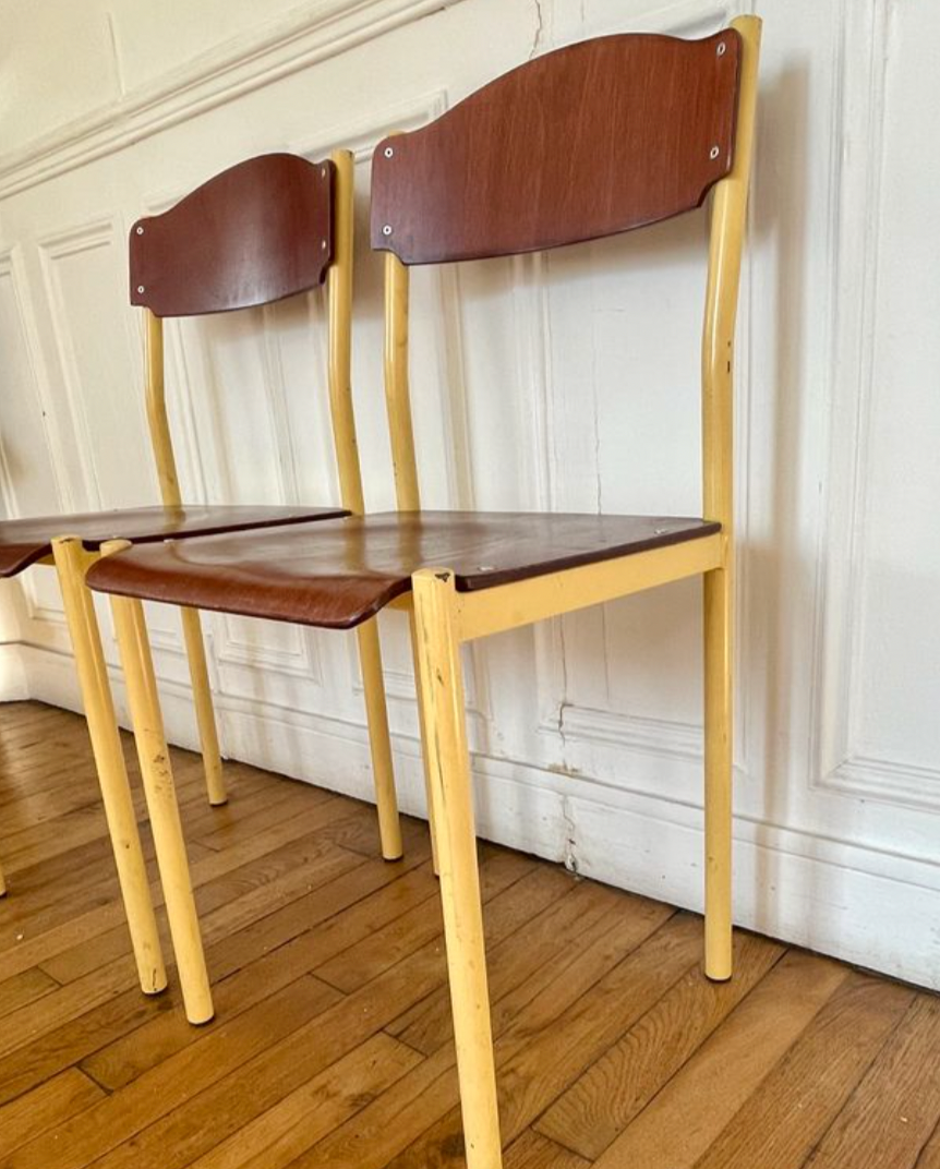 Pair of vintage industrial chair metal & wood, 1980