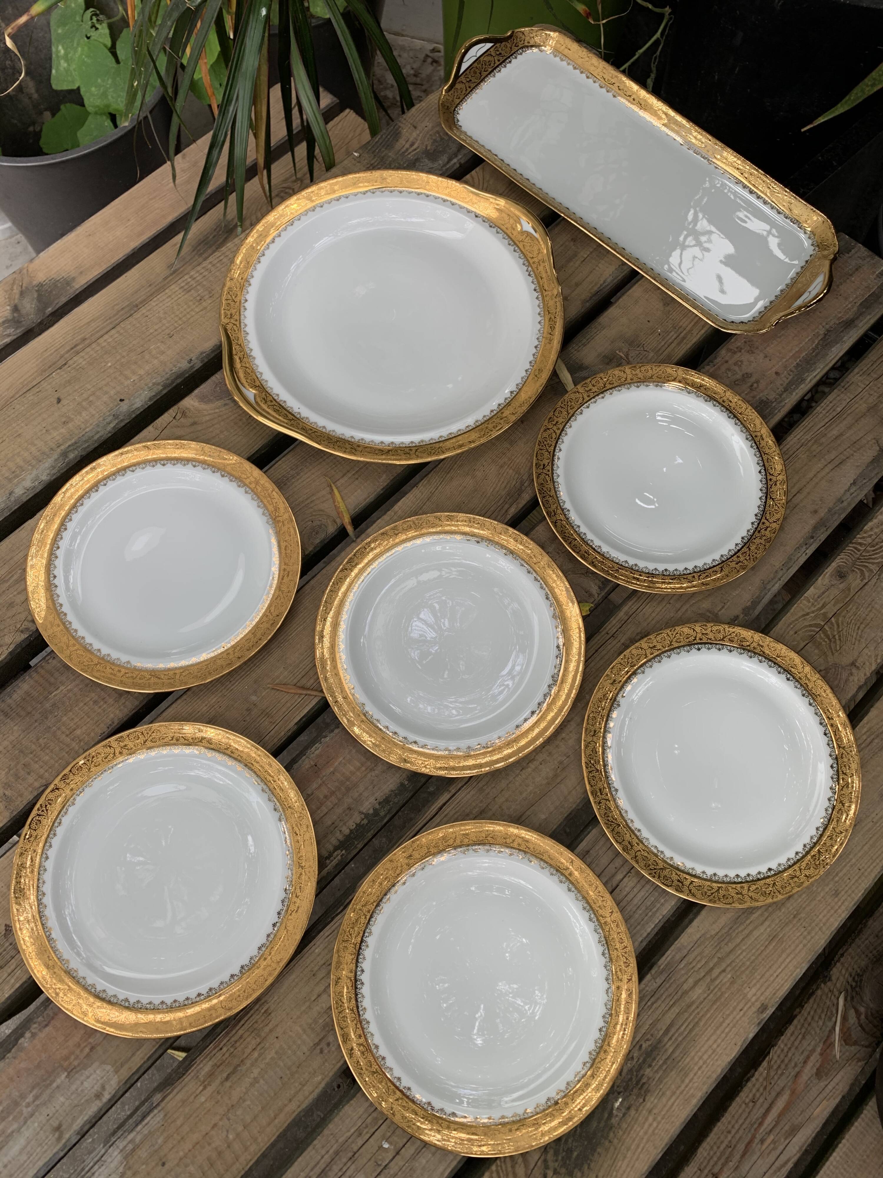 Cake service 6 dessert plates and 2 dishes Georges Boyer porcelain Limoges 1950