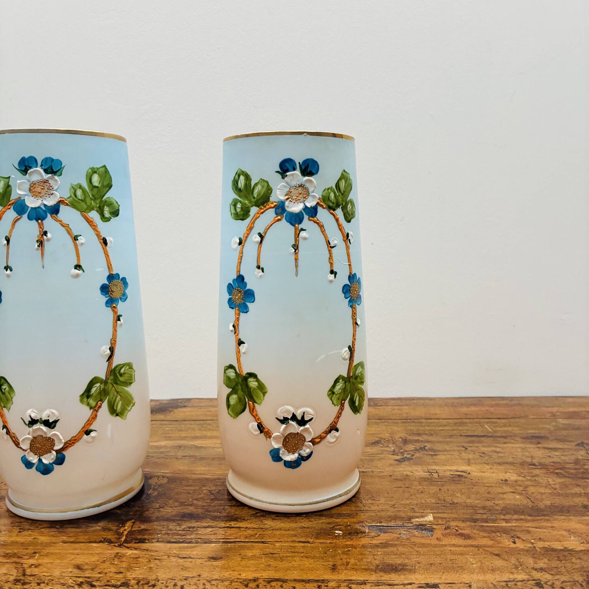 Rare pair of antique hand-painted opaline glass vases – Napoleon 3