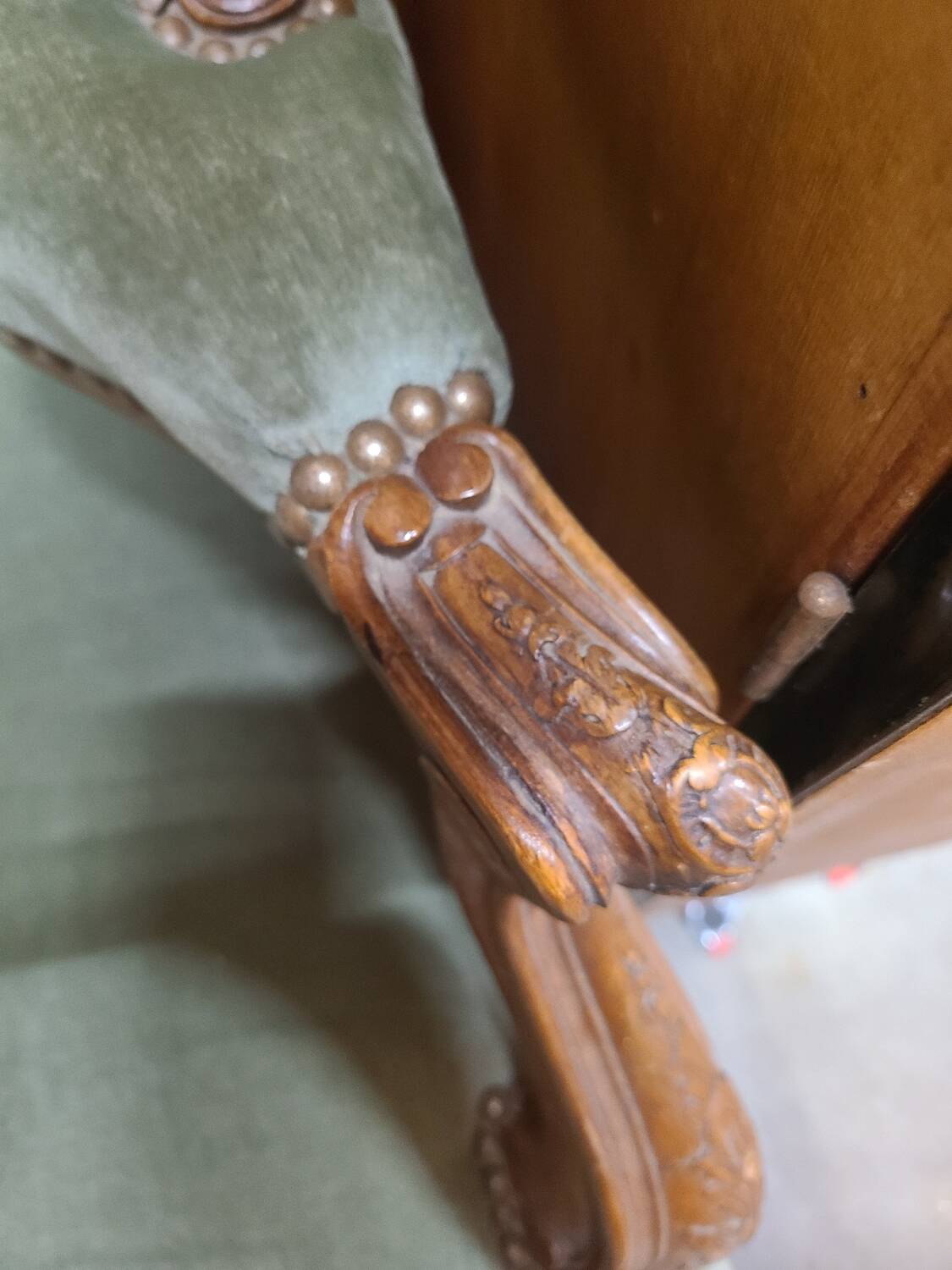 Vintage Louis XV style wing chair, light green velvet