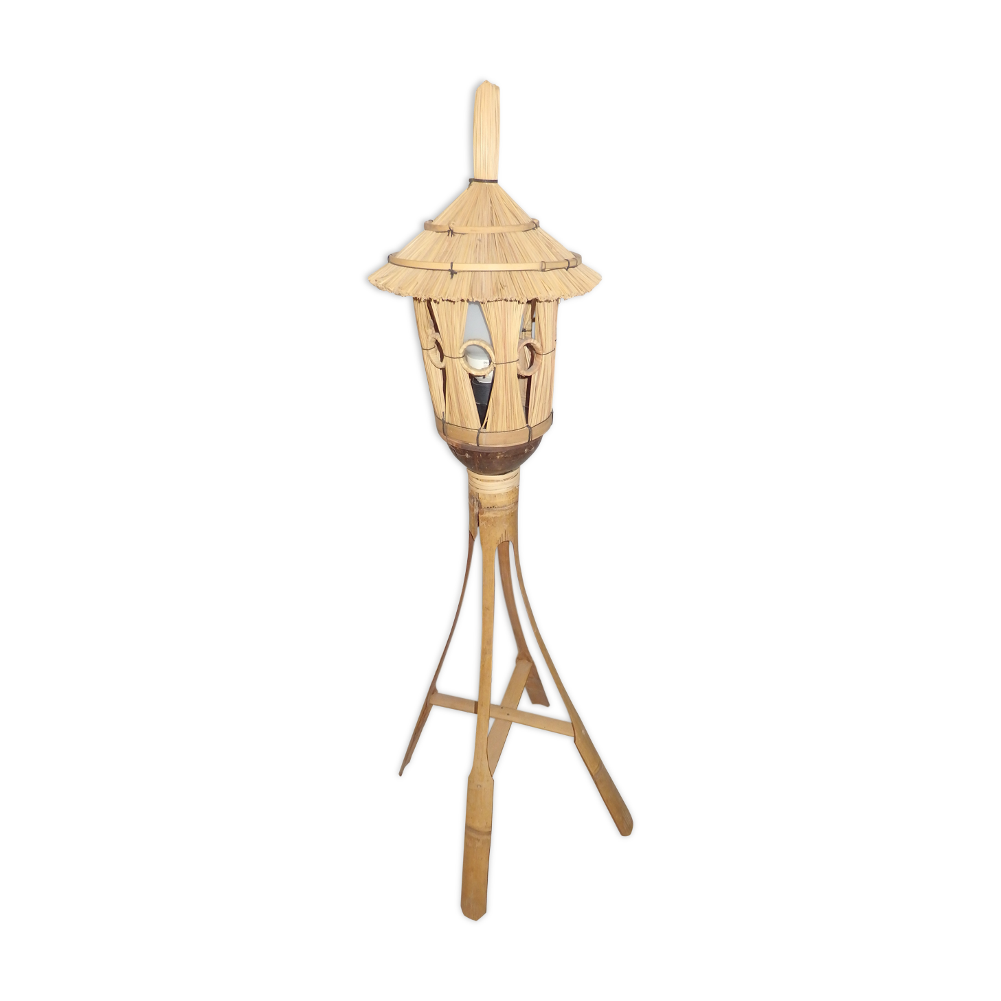 Floor lamp in rattan and vintage bamboo