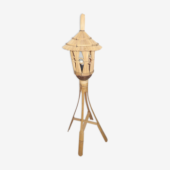 Lampadaire en rotin et bambou vintage