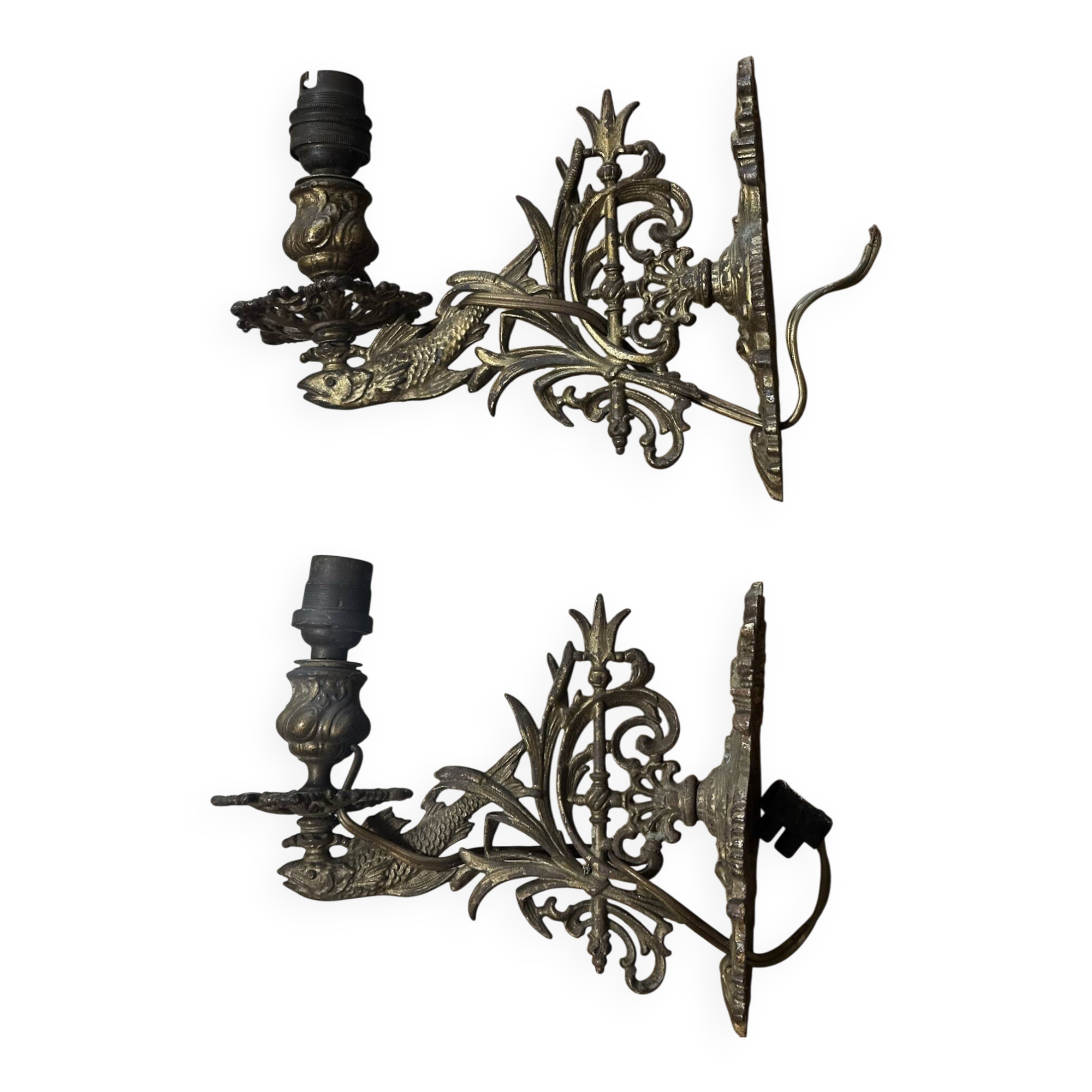 Pair of naturalistic wall sconces with fish circa 1900