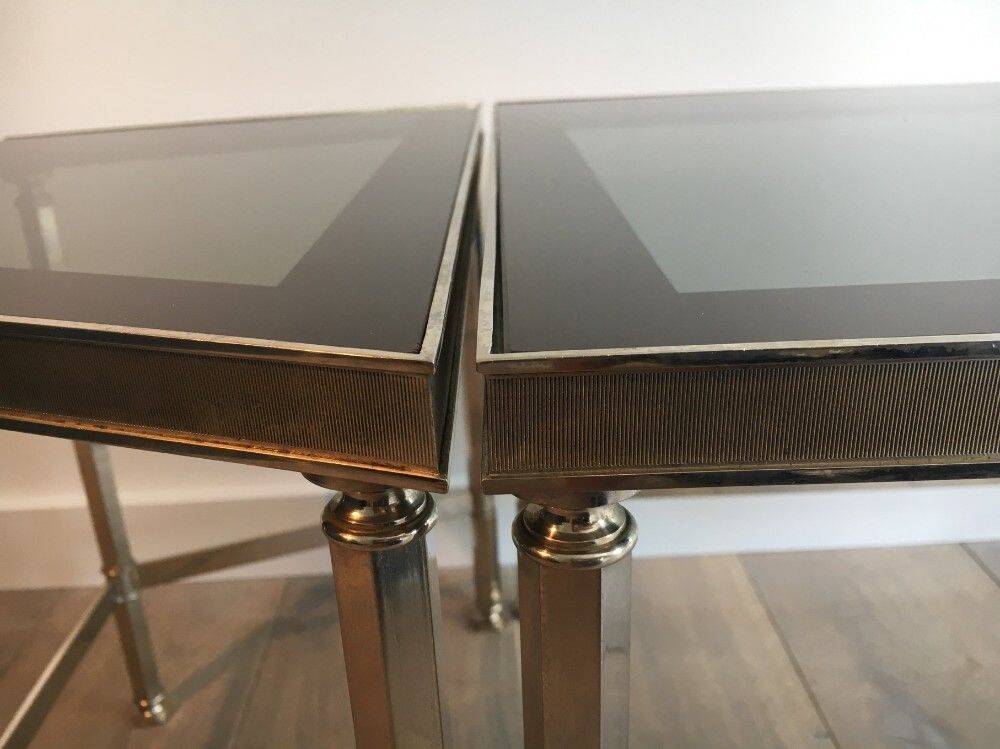 Rare three-part nickel coffee table with lacquered glass tops around the perimeter