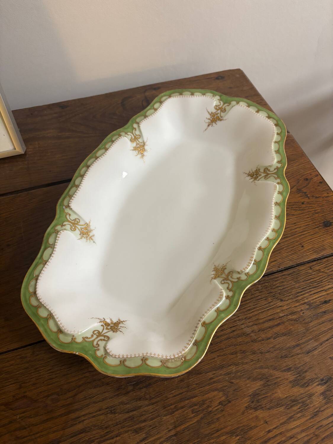 Vintage large rectangular green serving platter with Limoges gilt trim