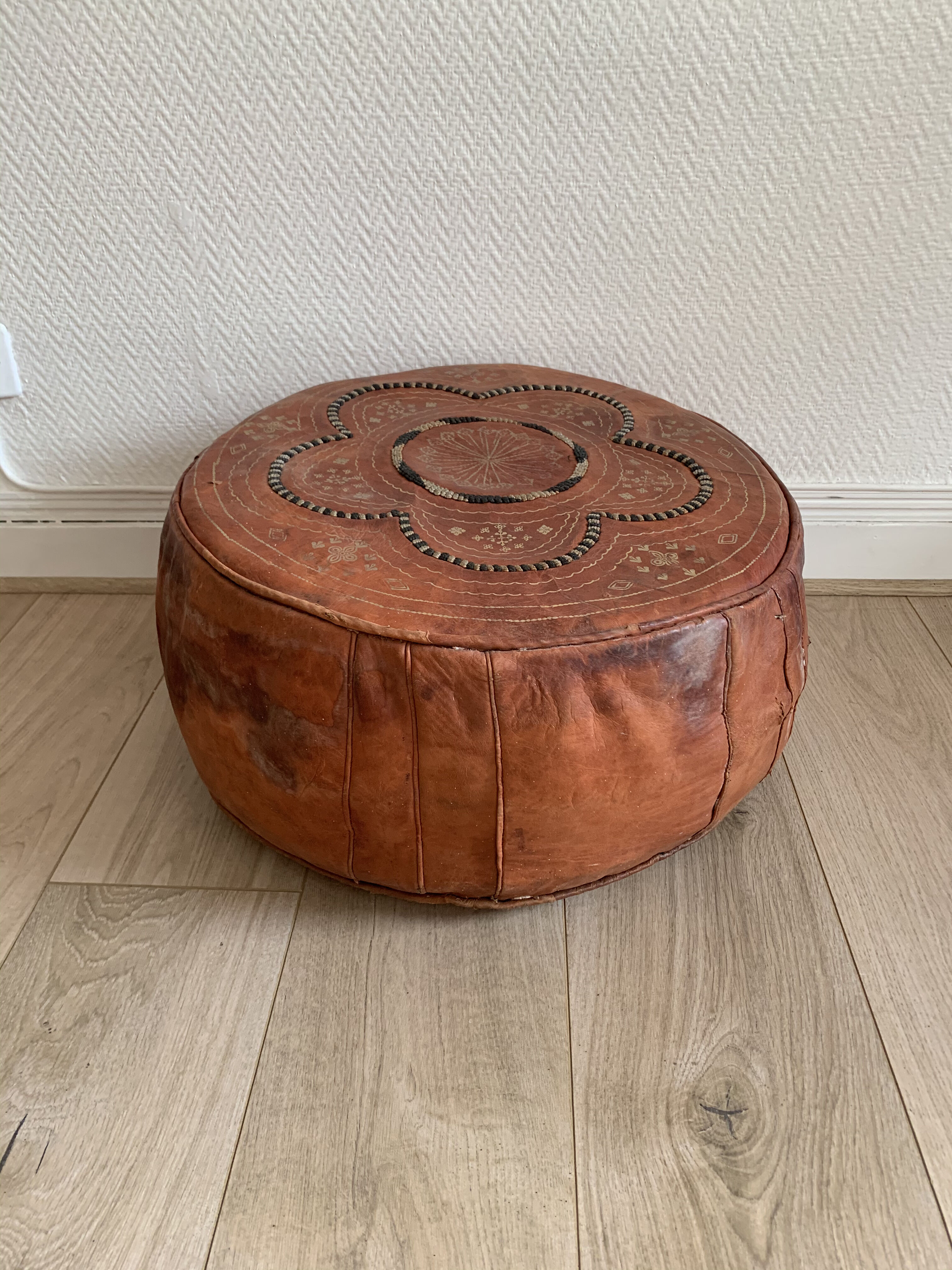 Vintage Moroccan leather pouf