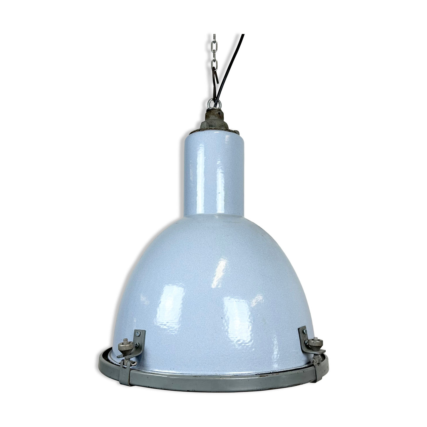Bauhaus grey enamel industrial pendant lamp with glass cover, 1950s