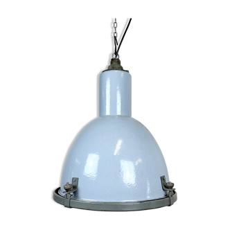 Bauhaus grey enamel industrial pendant lamp with glass cover, 1950s