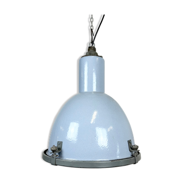 Bauhaus grey enamel industrial pendant lamp with glass cover, 1950s