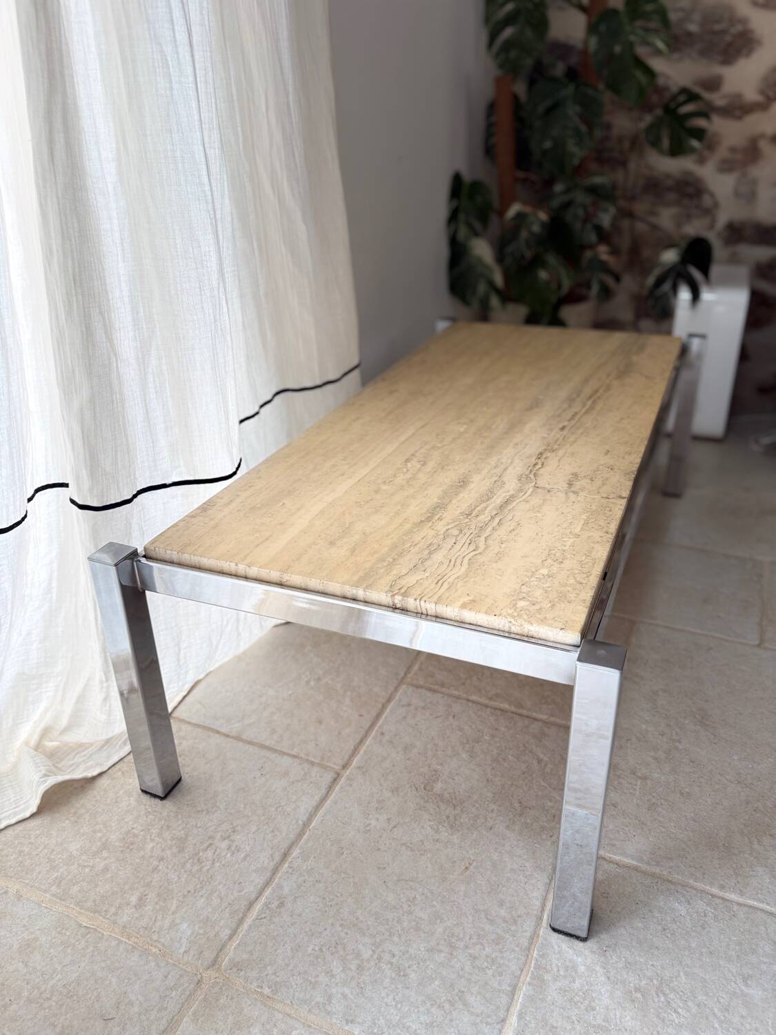 Chrome metal and travertine coffee table, 1970.